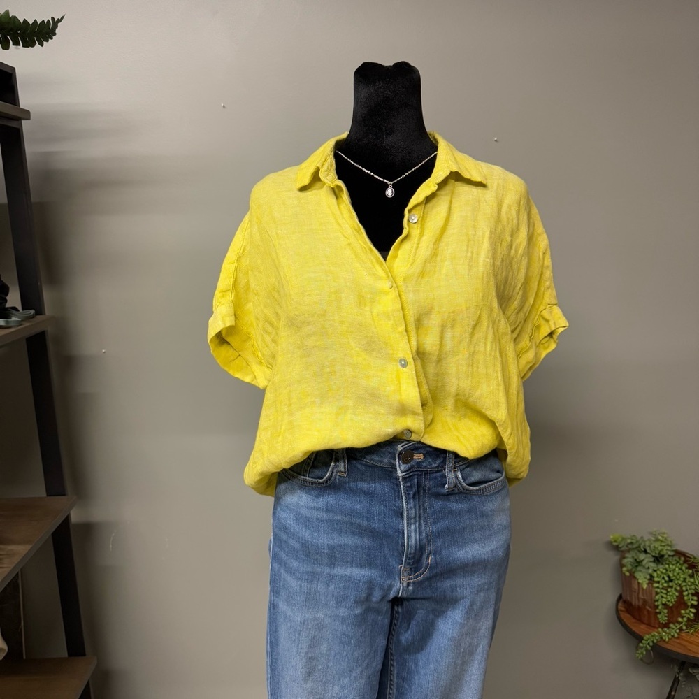 Rachel Roy yellow linen button down short sleeve shirt womens small summer